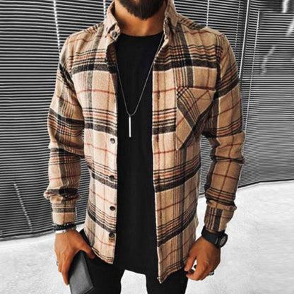 flowersverse Business Casual Plaid Print Wool Shirt Jacket Men  Spring Single Breasted Lapel Top Autumn Pocket Patchwork T-shirt Cardigan