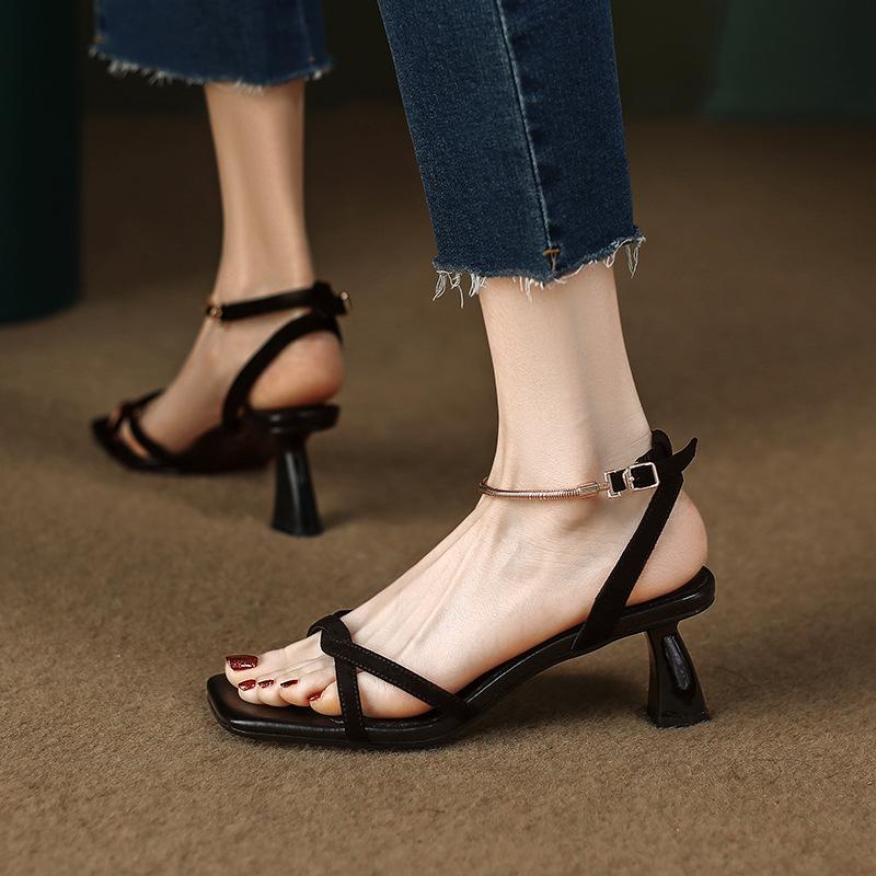 Amozae Sandals for Women High Heel Summer Thin Ankle Straps Mental Buckle Strap Lady Sandals Elegant Fashion Concise Female Shoes