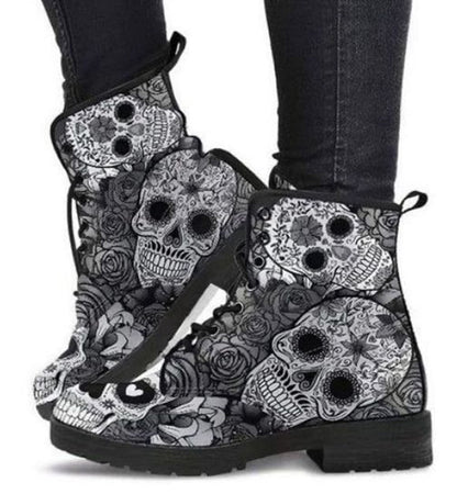 Amozae Skull Flower Print High-Top Boots Women Boot Autumn Winter Fashion Women Tooling Ankle Boots Women Boots Women Botas Mujer