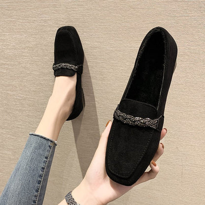 flowersverse Autumn Winter Women Loafers Low Heels Boat Shoes Square Toe Dress Shoes Chain Faux Suede Plush Warm Ladies Shoes