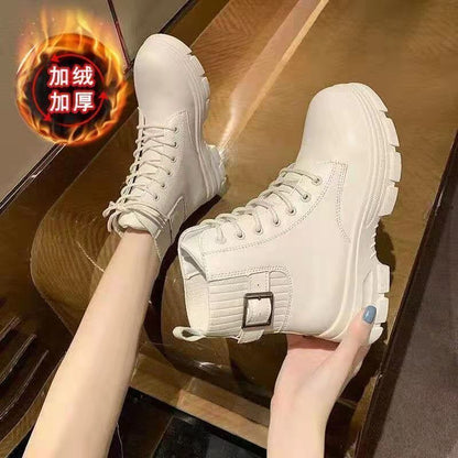 flowersverse New Women White Ankle Boot PU Leather Thick Sole Lace Up Combat Booties Female Autumn Winter Platform Shoes Rubber Cowboy Boots