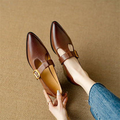 New Spring Summer Genuine Leather Woman Shoes Pointed Toe Retro Women Pumps Shoes for Women Zapatos De Mujer Mary Jane Shoes