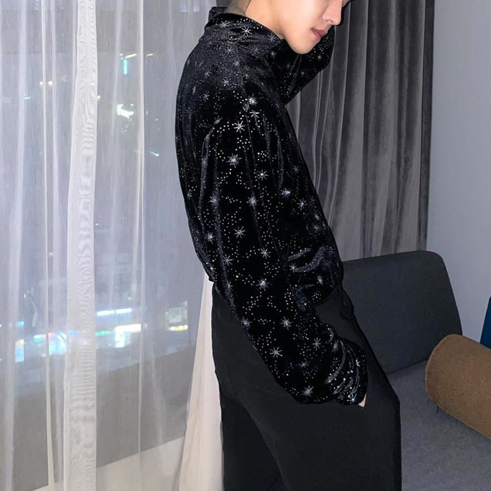 flowersverse Men Casual T Shirt Printed Velour Turtleneck Streetwear Long Sleeve Undershirts Cozy Leisure Men Clothing EU XS-XL