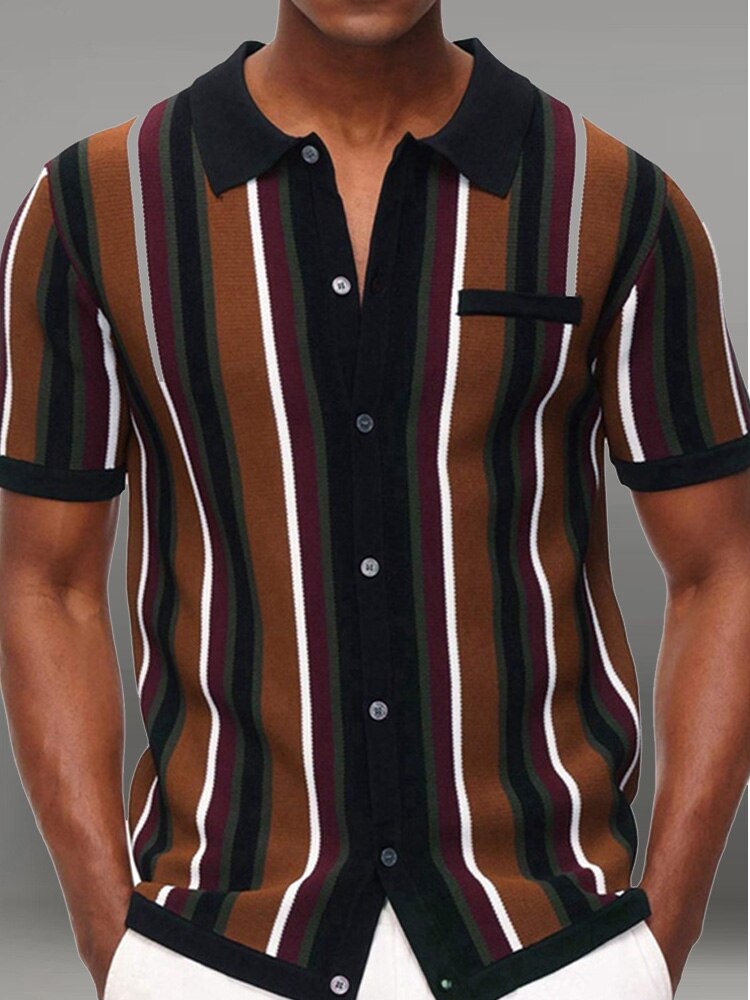 flowersverse Summer Short Sleeve Knitted Polo Shirt Casual Men Button-up Turn-down Collar Tops Mens Fashion Striped Polos Man Streetwear