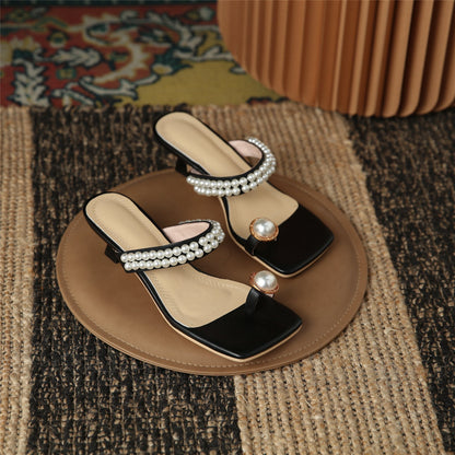 Amozae New Summer Women Sandals Pearl Beads Square Toe Stiletto Heel Females Slippers Fashion High Quality Simplicity Breathable mules