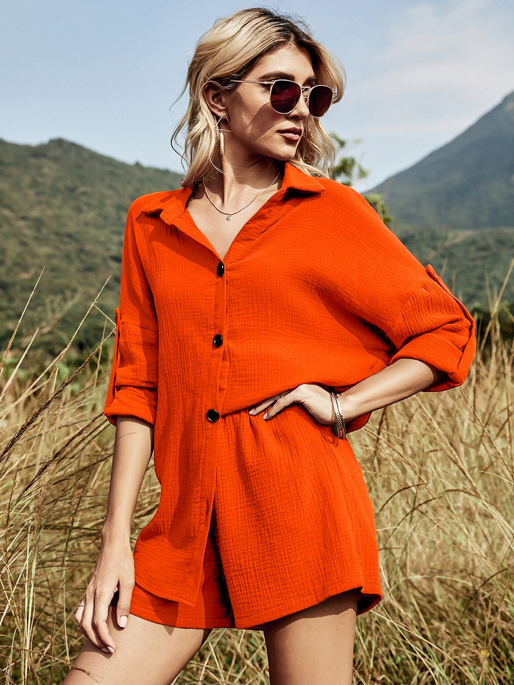 flowersverse Fashion Print Shorts Suits Women Vintage Long Sleeve Shirt and Short Pants Suit Two Piece Set Female Loose Lapel Casual Outfit