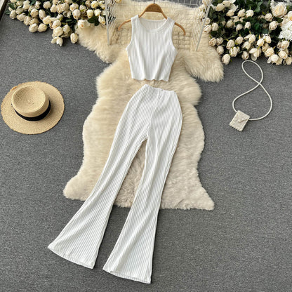 Women Casual Pants Set Fashion Bodycon Slim Short Tank Top +Striped Wide Legs Long Pants Solid Summer Two Piece Suit