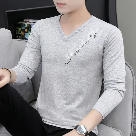 flowersverse  -  Fashion V-Neck All-match Diamonds T-Shirt Men's Clothing Autumn New Oversized Casual Pullovers Tops Loose Korean Tee Shirt
