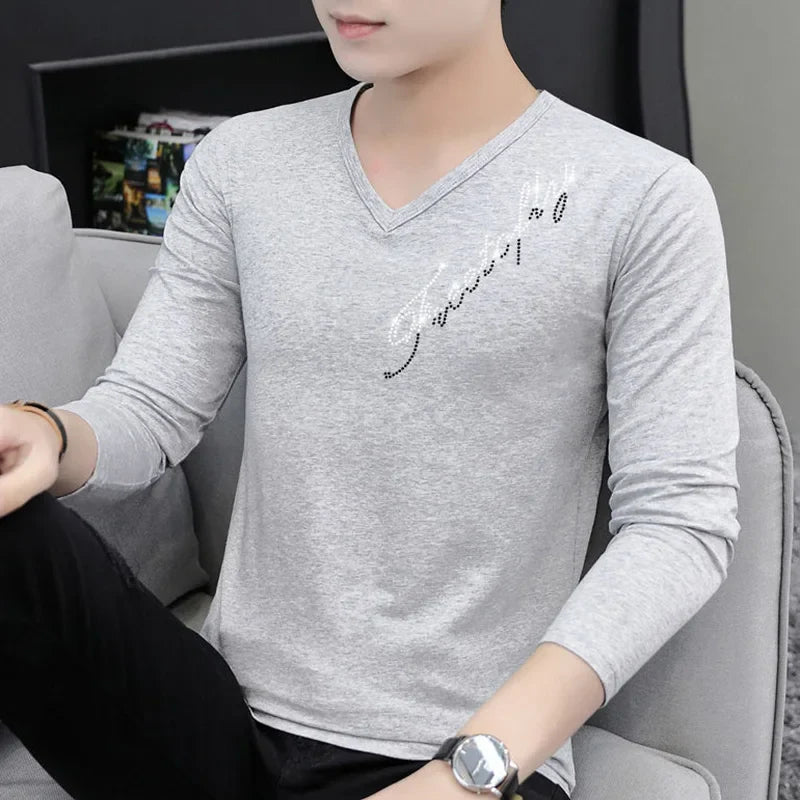flowersverse  -  Fashion V-Neck All-match Diamonds T-Shirt Men's Clothing Autumn New Oversized Casual Pullovers Tops Loose Korean Tee Shirt