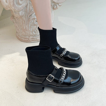 Christmas Gift Women 2022 New Spring And Autumn British Style Fashion Stitching Glossy Matte Knitted Sleeve Belt Buckle Thin Thick Bottom Boots