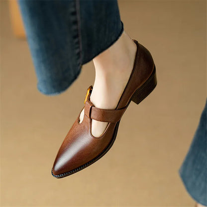 New Spring Summer Genuine Leather Woman Shoes Pointed Toe Retro Women Pumps Shoes for Women Zapatos De Mujer Mary Jane Shoes