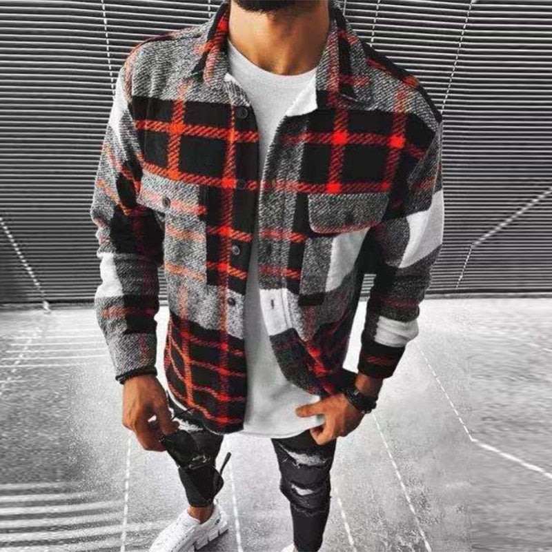 flowersverse Business Casual Plaid Print Wool Shirt Jacket Men  Spring Single Breasted Lapel Top Autumn Pocket Patchwork T-shirt Cardigan