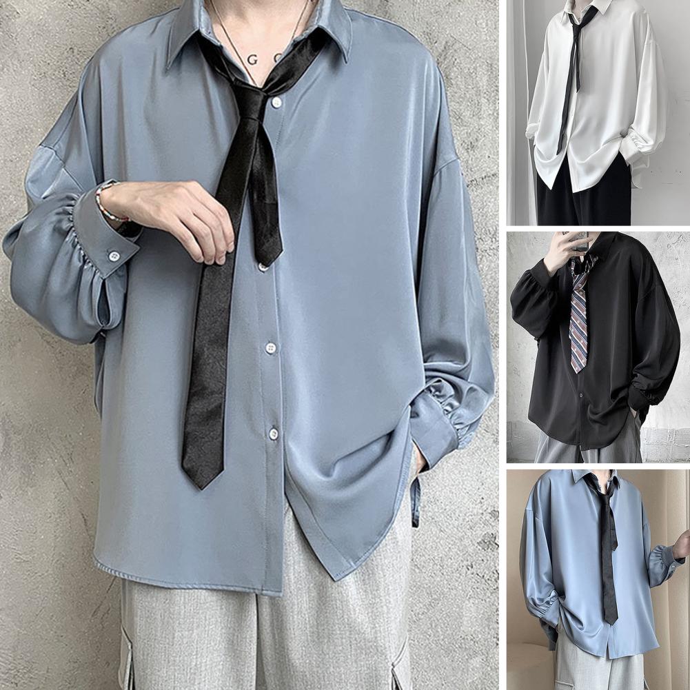 flowersverse Black Long-sleeved Shirts Men Korean Lapel Single-breasted Men Shirt Spring Autumn Loose Fit Solid Color Shirt with Tie