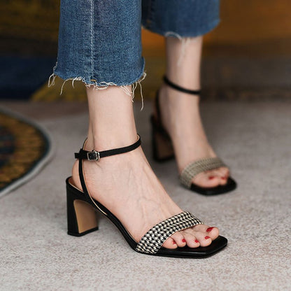 Amozae New Summer Womon Sandal Peep Toe Slingback Retro Plaid Buckle Female Slipper Fashion High Quality Simple Breathable Lady Shoe