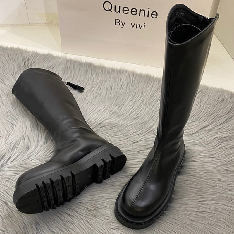 flowersverse Women Boots Fashion Casual Non Slip Zipper Knee Boots Woman Comfortable Round Boots Ladies Platform PU Winter Boot Female