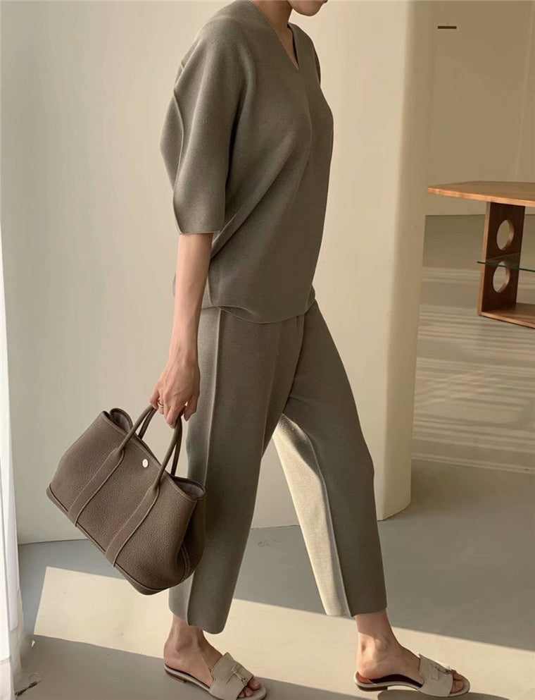 Autumn Korean Fashion Casual Knitted Two Piece Set Women Loose Pullover Sweater Tops + Wide Leg Pants Suits Knitwear 2 Piece Set