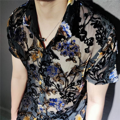 flowersverse Colorful Flowers Pattern Velvet Shirt Men Transparent Short Sleeve Sexy Shirt Social Club Outfits Party Men Designer Shirt