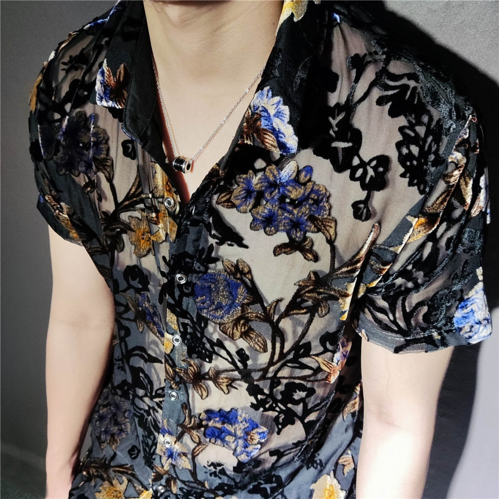 flowersverse Colorful Flowers Pattern Velvet Shirt Men Transparent Short Sleeve Sexy Shirt Social Club Outfits Party Men Designer Shirt