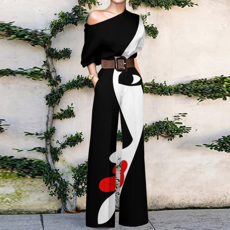 flowersverse Women Commute Fashion Jumpsuits Summer Printed Casual One Shoulder Short Sleeve Wide-leg Pants Playsuits Elegant Holiday Rompers