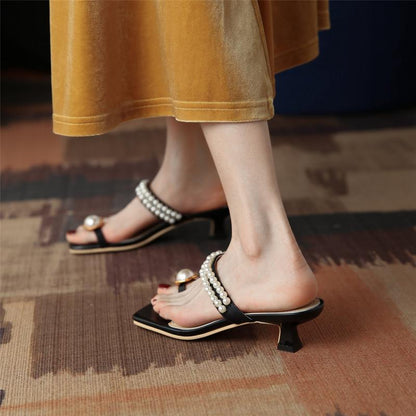 Amozae New Summer Women Sandals Pearl Beads Square Toe Stiletto Heel Females Slippers Fashion High Quality Simplicity Breathable mules
