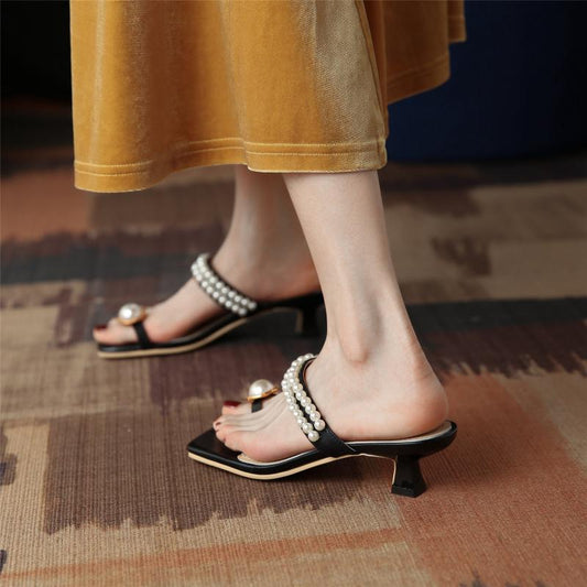 Amozae New Summer Women Sandals Pearl Beads Square Toe Stiletto Heel Females Slippers Fashion High Quality Simplicity Breathable mules