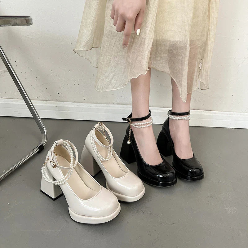 Fashion Ankle Strap Pearl Pumps for Women 2024 New High Heels Platform Mary Janes Woan Round Toe Thick Heel Party Shoes Female