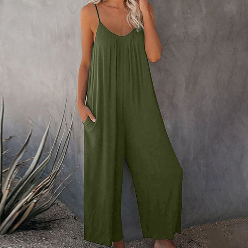 Women Suspender Rompers Overalls Vintage Jumpsuits Playsuits Long Pockets Wide Leg Pants Combinaison Oversize