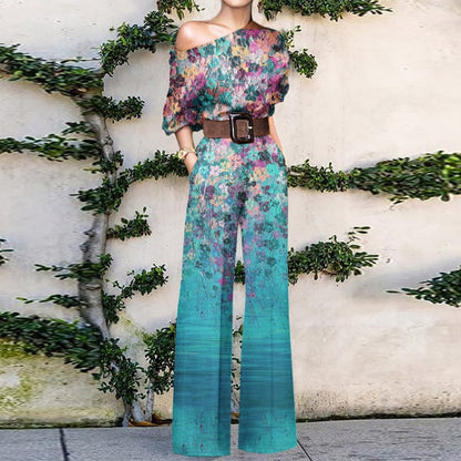 flowersverse Women Commute Fashion Jumpsuits Summer Printed Casual One Shoulder Short Sleeve Wide-leg Pants Playsuits Elegant Holiday Rompers