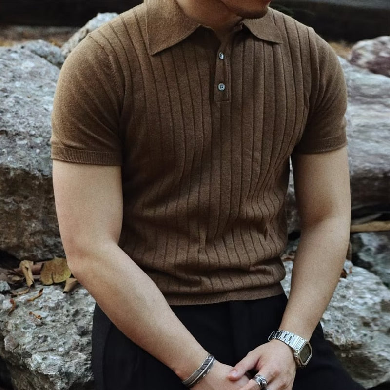 flowersverse Fashion Men Knit Polo Shirt Summer Short Sleeve Casual Strech Knitted Slim Tops Leisure Pure Color Button Lapel Men Polo T-shirt