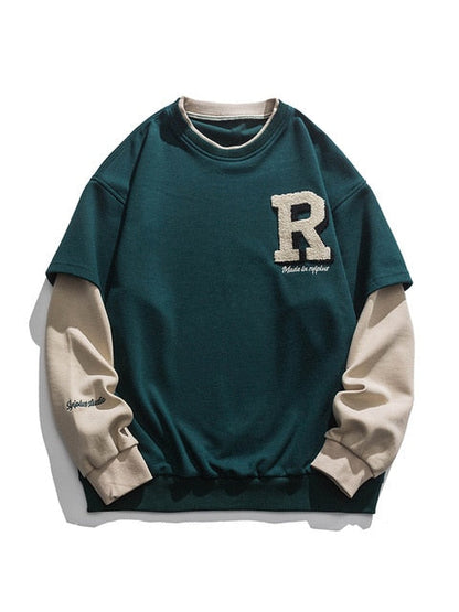 flowersverse Vintage Flocked Letter Fake Two Patchwork Hoodie Pullover Harajuku Sweatshirts Men Hip Hop Streetwear Loose Casual Tops