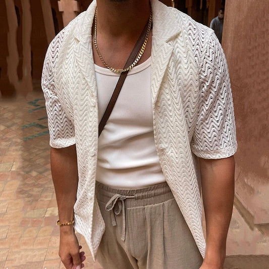 flowersverse  Spring Summer Fashion Hollow Out Knit Shirts Men Solid Color Short Sleeve Button Lapel Tops For Mens Clothes Leisure Shirt