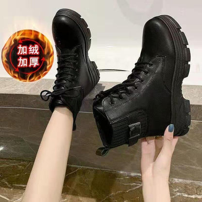 flowersverse New Women White Ankle Boot PU Leather Thick Sole Lace Up Combat Booties Female Autumn Winter Platform Shoes Rubber Cowboy Boots