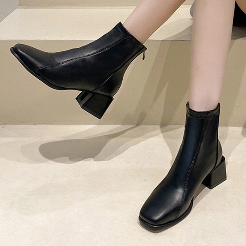 Christmas Gift Winter Women Boots New Fashion Platform Mid Calf Boots Female Square Toe Zipper Black Boots Woman Comfort Botas Ladies