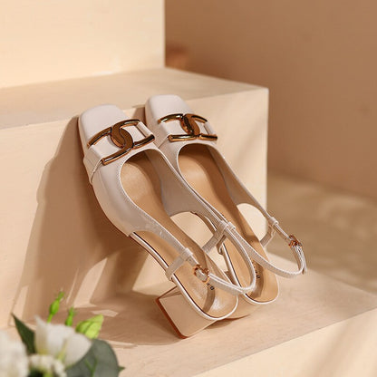 flowersverse Sheepskin Women's Sandals Patent Leather Metal Buckle Female Single Shoes Classic Thick Middle Heel Square Head Ladies Pump