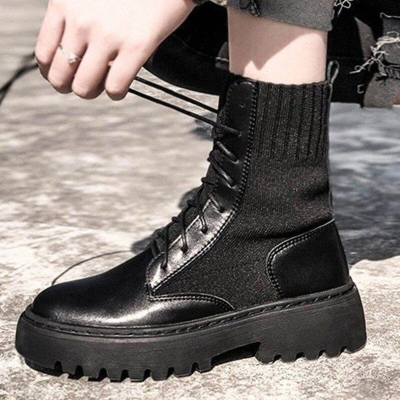 Christmas Gift Fashion Boots Women Lace Up Comfort Platform Mid Calf Boots Woman Sock Shoes Ladies No Slip Flats Boots Autumn Botas Female