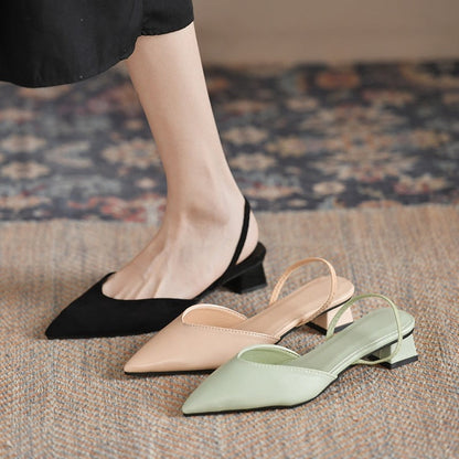 flowersverse Women Sandals Summer Pointed Toe Square Med Heel Solid Back Strap Lady Pumps Leisure Fashion Concise Casual Females Shoes