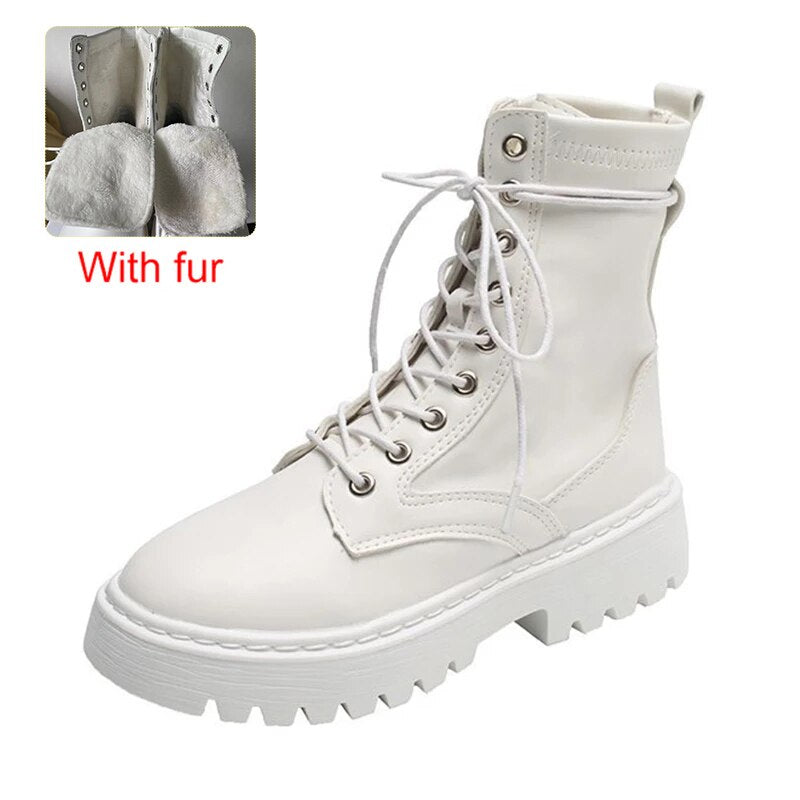 flowersverse New Mid Calf Boots Women Autumn Winter Fashion Lace-Up Zipper Botas Mujer Boots Sports Platform Heel Ladies Shoes  Flat