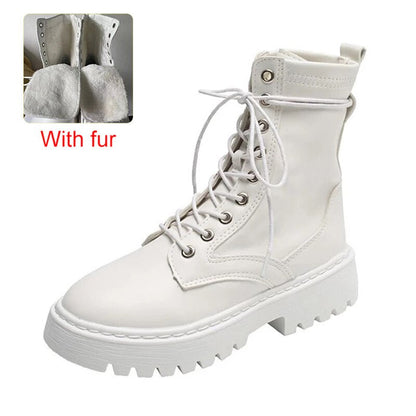 flowersverse New Mid Calf Boots Women Autumn Winter Fashion Lace-Up Zipper Botas Mujer Boots Sports Platform Heel Ladies Shoes  Flat