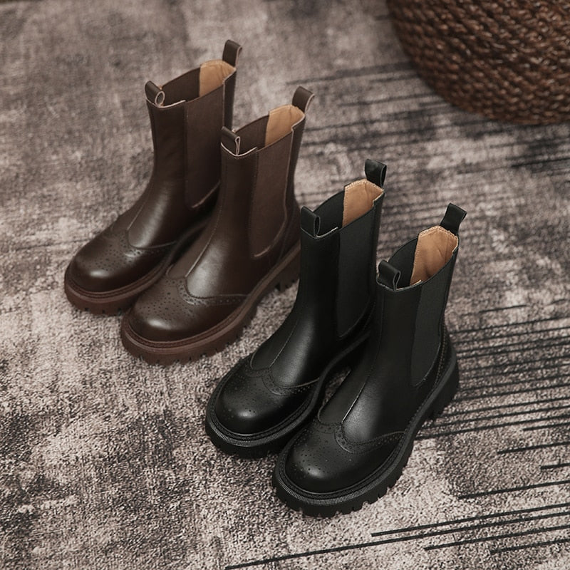 flowersverse New Genuine Leather Women Boots Retro Slip-On Chelsea Boots Carved Texture Brock Round Toe Ankle Boots Autumn Winter Women Shoes