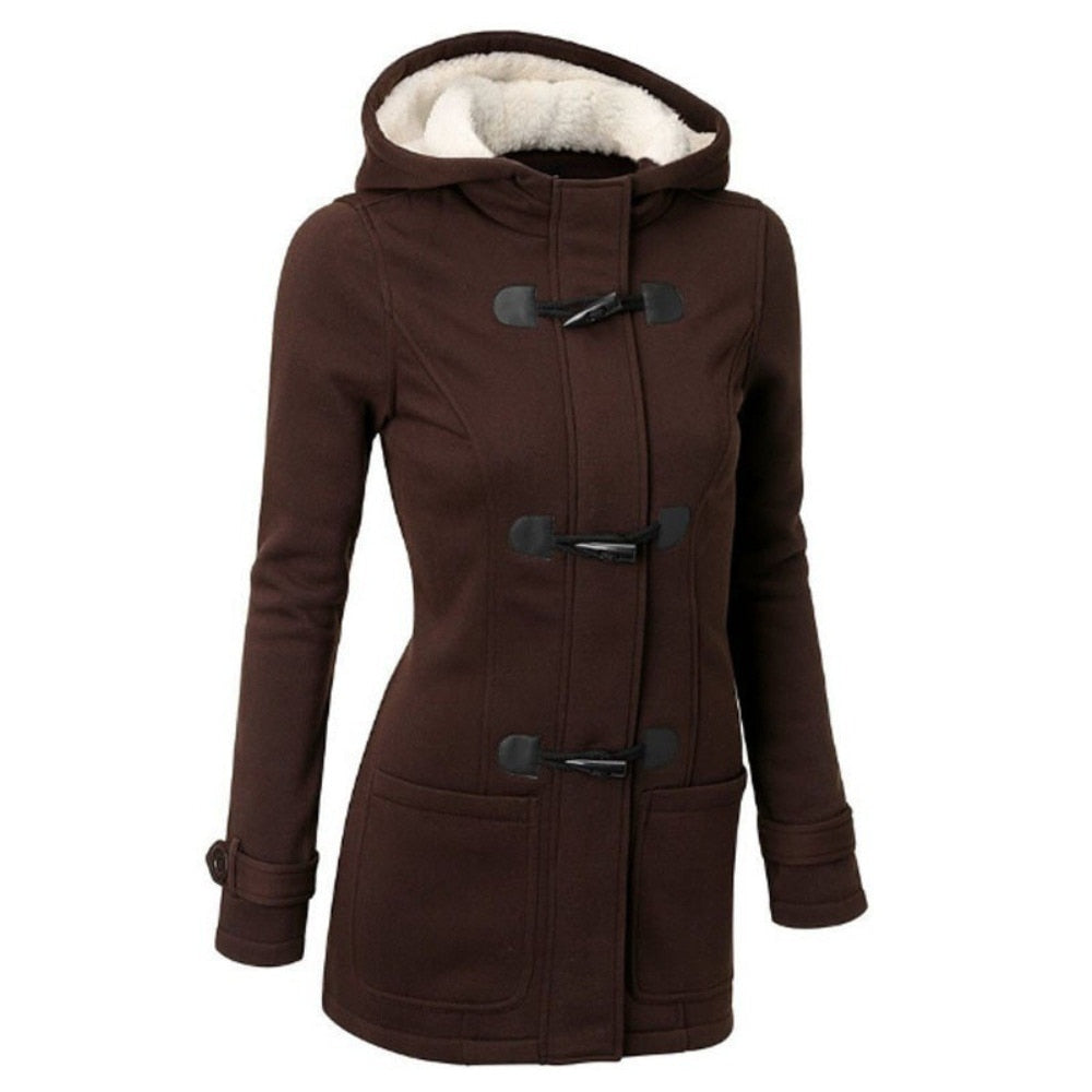 flowersverse Hooded Cotton Blend Classic Horn Leather Buckle Coat Jacket Cotton Coat Women