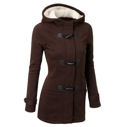 flowersverse Hooded Cotton Blend Classic Horn Leather Buckle Coat Jacket Cotton Coat Women