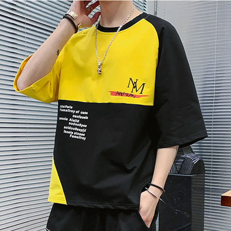 flowersverse  -  Fashion Loose Spliced Printed Letter Asymmetrical T-Shirt Men's Clothing Summer New Casual Pullovers All-match Tee Shirt