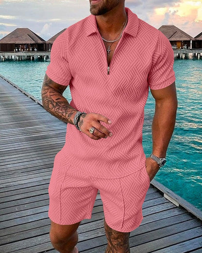 flowersverse Men's Polo Suit Fashion Men Sets Mens Solid Color Summer V-neck Zipper Short Sleeve POLO Shirt+Shorts Two Pieces Men Casual Suit