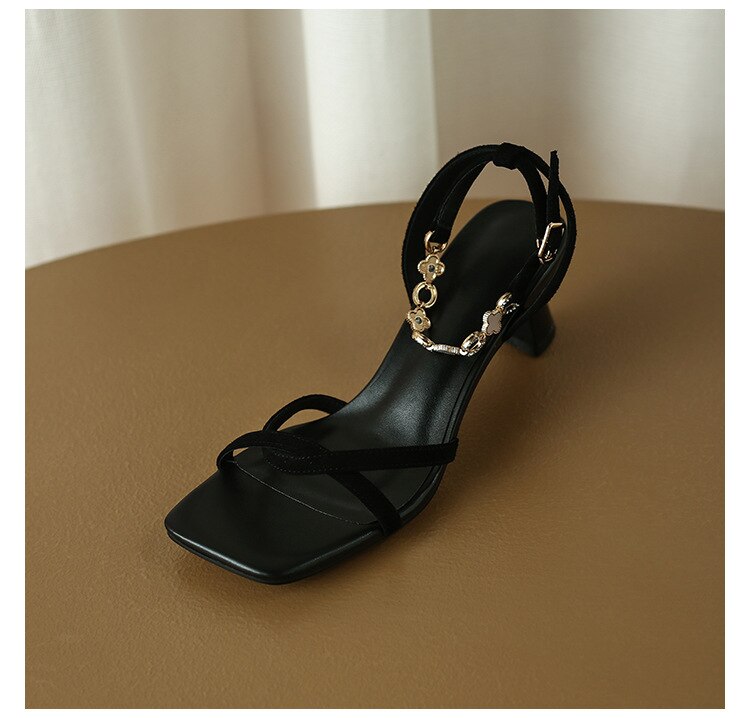 flowersverse Sandals for Women High Heel Summer Thin Ankle Straps Mental Buckle Strap Lady Sandals Elegant Fashion Concise Female Shoes