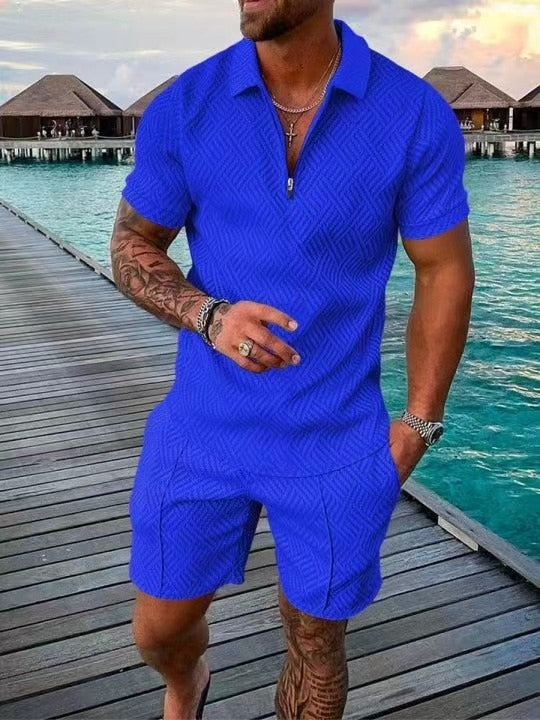 flowersverse Men's Polo Suit Fashion Men Sets Mens Solid Color Summer V-neck Zipper Short Sleeve POLO Shirt+Shorts Two Pieces Men Casual Suit
