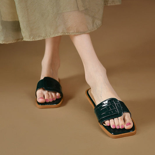 flowersverse New Summer Women Slippers Square Toe Flat Female Sandal Fashion Leisure Casual Outdoor Indoor Breathable Non-slip Lady Shoe