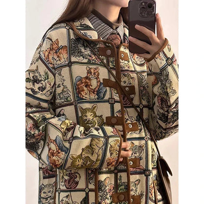 flowersverse Fashion Vintage Jackets Cartoon Print Single Breasted Turn Down Collar Design Coats Y2k Preppy Style All Match Women's Clothing