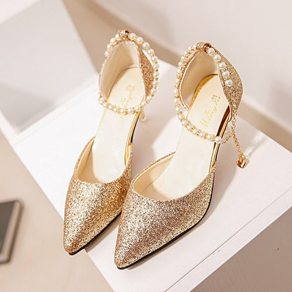 flowersverse   Pointed toe Pearl High heels shoes Female Fashion hollow with Sandals Paillette of the Thin Breathable shoes Women Pumps