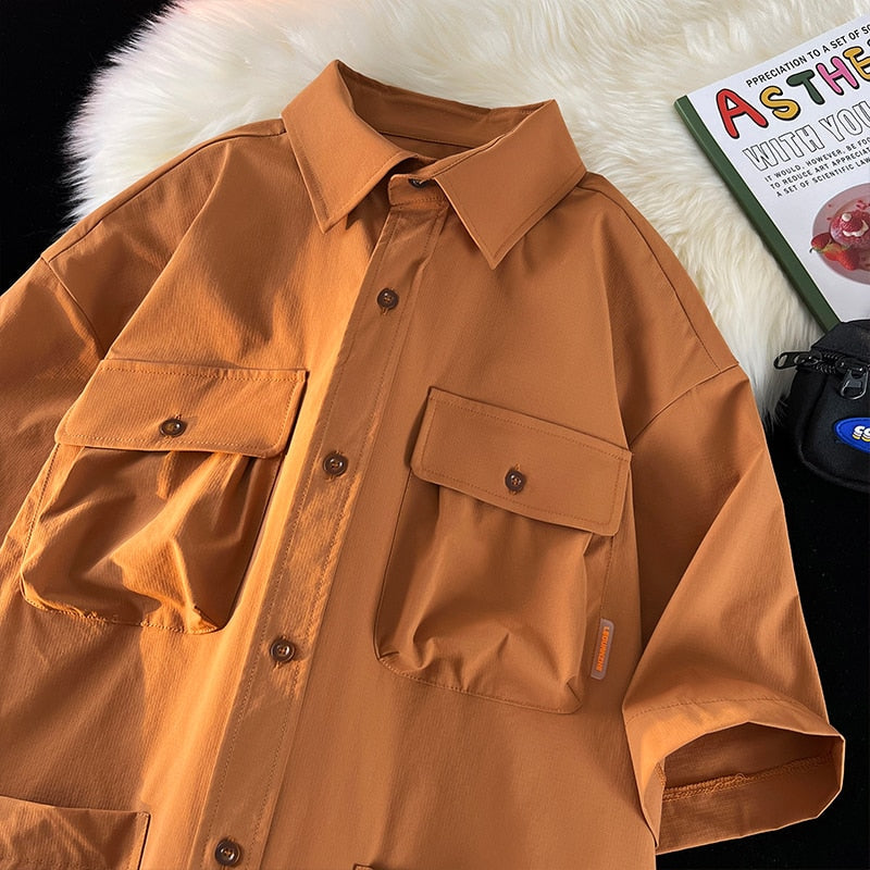 flowersverse Men's Multi-Pocket Workwear Short Sleeve Shirt - Perfect for Casual and Work Occasions