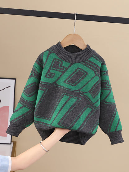 Kid's Color Clash Letter Jacquard Sweater, Street Style Cable Knit Pullover, Casual Long Sleeve Top, Boy's Clothes For Fall Winter, As Gift